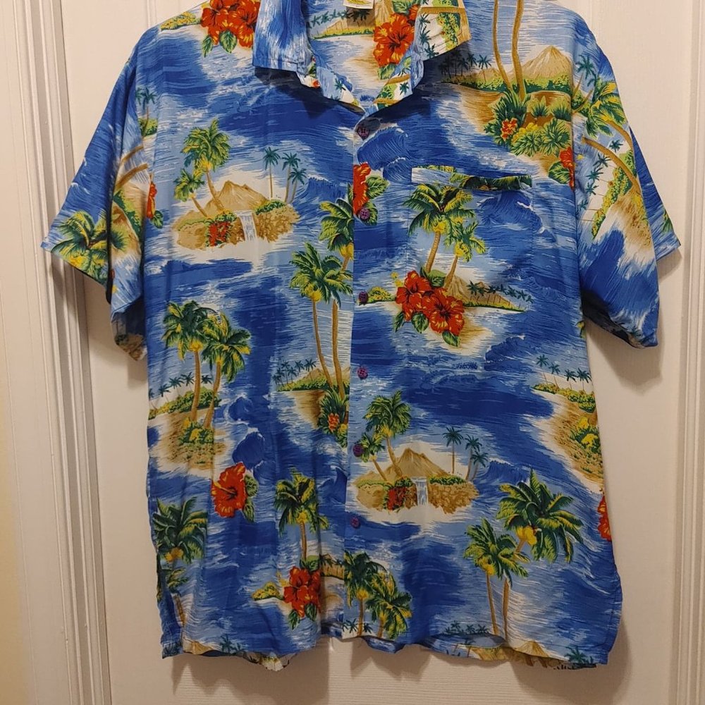 Rima Men's Hawaiian Shirt Blue Aloha Tropical Button Up Shirt Size XL